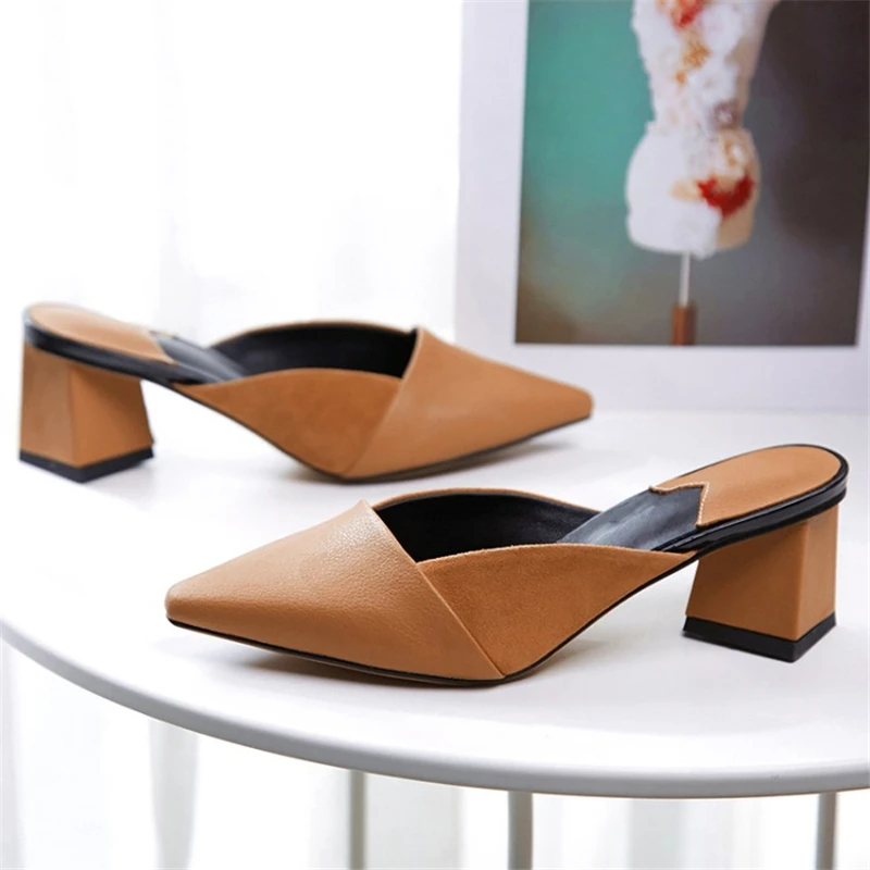 MSSTOR Strange Style Slippers Women Off White Yellow Genuine Leather Concise Fashion Summer Shoes Pointed Toe Mules Shoes Women MSSTOR Strange Style Slippers Women Off White Yellow Genuine Leather Concise Fashion Summer Shoes Pointed Toe Mules Shoes Women
