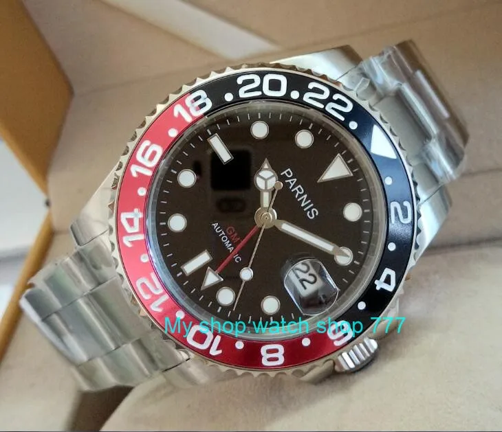  40mm PARNIS Sapphire Crystal Asian GMT Automatic machinery movement men's watch Red&Black rotateing