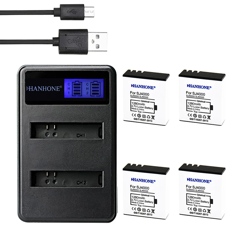 4 шт. Топ 1280 мА/ч SJ4000 SJ5000 SJ6000 аккумулятор + зарядное устройство USB со светодиодной