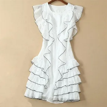 

Women Summer Dress 2019 High Quality Runway O-Neck Short Sleeve Ruffles Dot Cake Casual Mini Dresses NP0675D