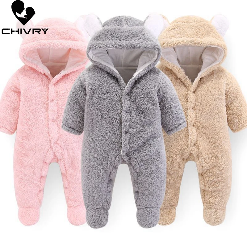 

2019 Newborn Baby Winter Warm Hoodie Clothes Infant Baby Girls Solid Hooded Climbing Outwear Rompers 3M-12M Baby Boy Jumpsuit