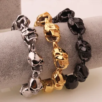 

15mm Cool Biker Fashion Stainless Steel Gold/Silver Color/Black Skull Chain Bracelet Mens Boys Biker Wristband Jewelry Xmas Gift
