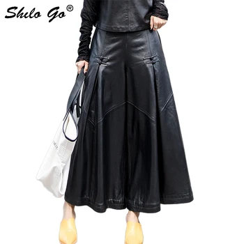 

Casual Leather Pants Women Side Button High Waist Sheepskin Genuine Leather Wide Leg Pants Concise Pocket Loose Female Capris