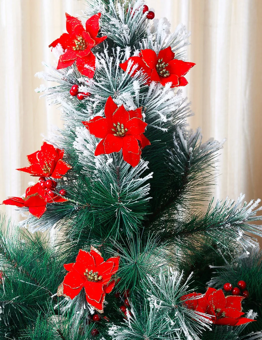 6pcs set Christmas Flowers Christmas Tree Decorations Pendant 13cm Gold Red Artificial Flower Decoration Flores de Navidad OD in Artificial & Dried