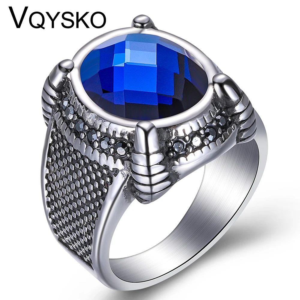 Мужское кольцо из нержавеющей стали с кристаллом и голубым камнем|cool mens rings|statement