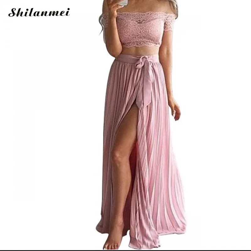 

Summer Beach Pleated Long Dress With Belt Women'S Sexy Slit Two-Piece Dress Set Off Shoulder Lace Short Sleeve Tube Top