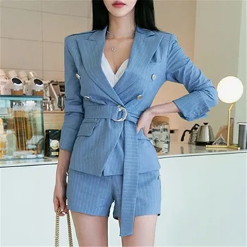 

CBAFU office lady striped shorts suit 2 piece set sashes blazer jacket shorts suit female pants suit work OL women's set D749
