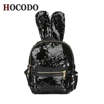 

HOCODO 2018 Fashion Women Shining Sequins Backpack Cute Ears Mini Backpack Preppy Travel School Bag PU Leather Bling Backpack