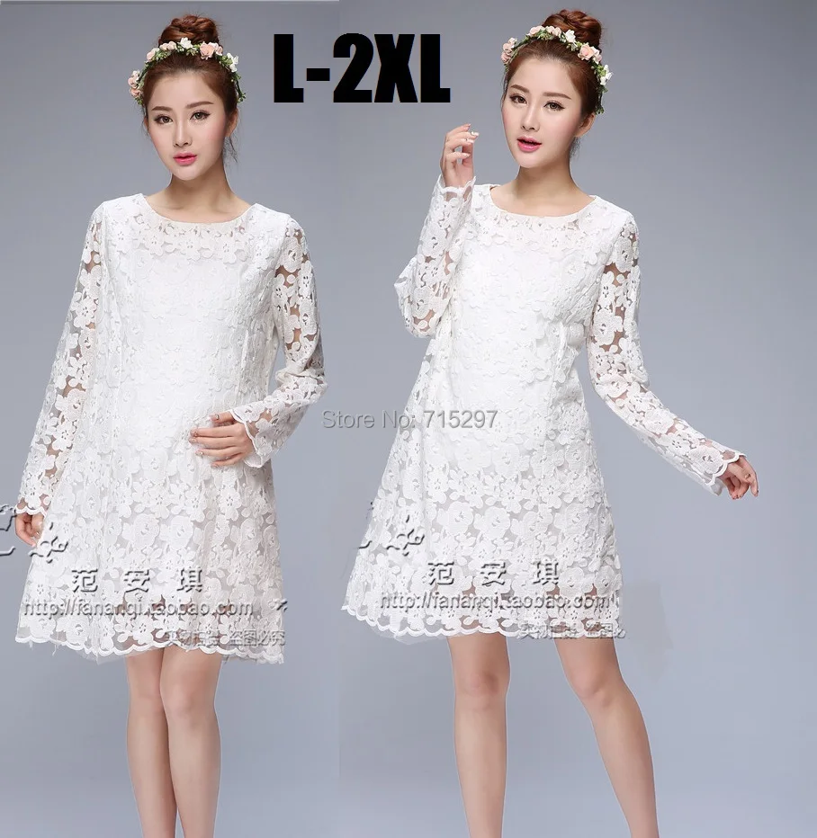2015new summer women crochet Casual Lace Dress with lining long Sleeve