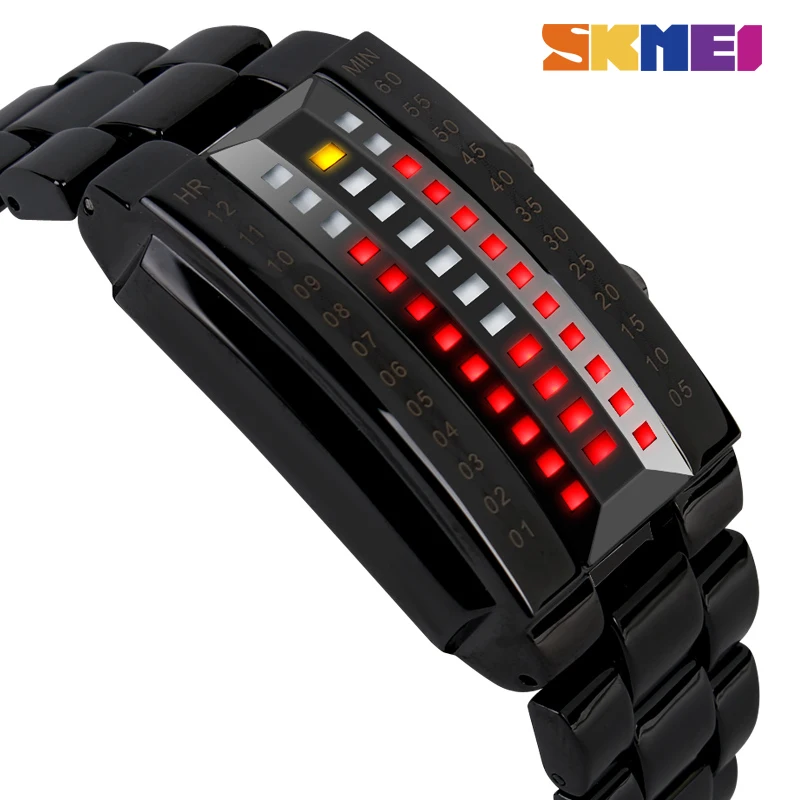 

SKMEI Luxury Lovers' Watches Waterproof Men Women Full Steel Fashion Sports Red Binary Luminous Digital Wristwatches relogio