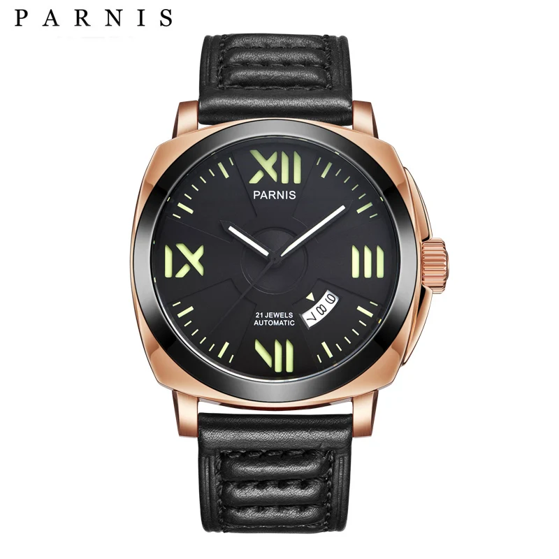  Parnis 44mm Mens Watces Top Brand Luxury Automatic Watch Mechanical Watches Calendar Luminous 100M 