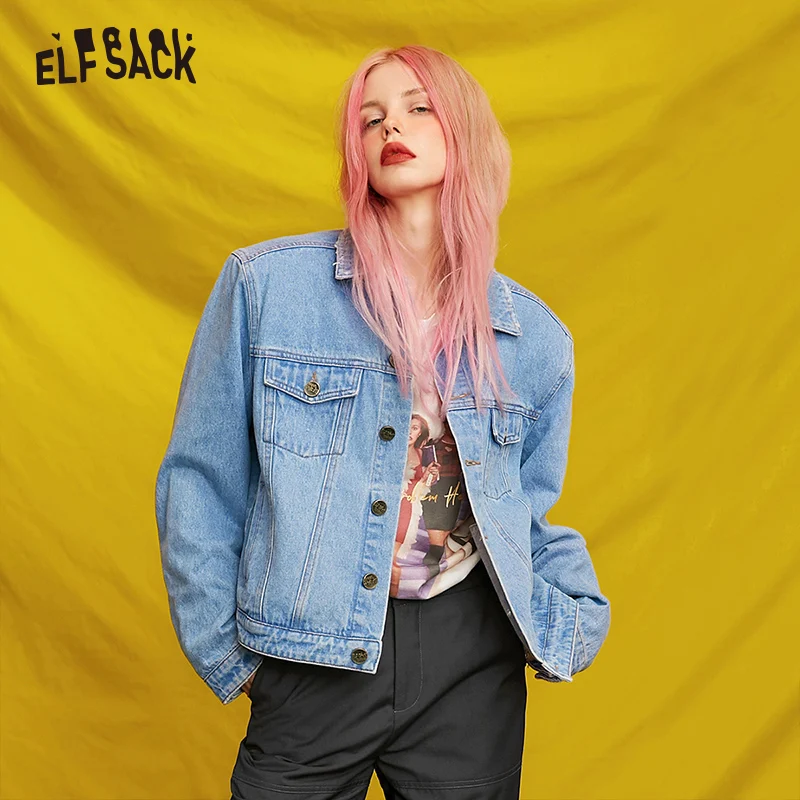 

ELF SACK Casual Women Denim Coats,2019 Autumn Vintage Sky Blue Single Breasted Female Outerwear Streetwear Korea Femme Jackets