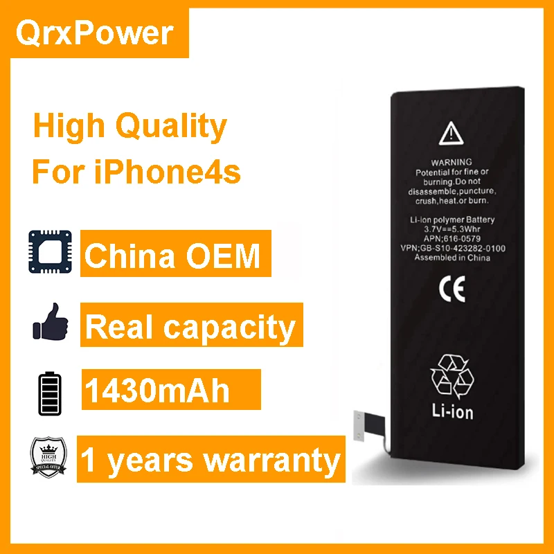 

QrxPower 10 pcs/lot High Quality Battery Real Capacity 1430mAh Replacement Li-ion Battery for iphone 4S 1 year warranty