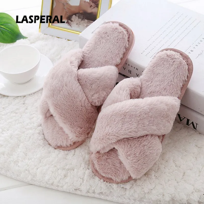

2019 Winter Women Home Slippers with Faux Fur Fashion Indoor Warm Shoes Woman Slip on Flats Female Slides Black Size 41