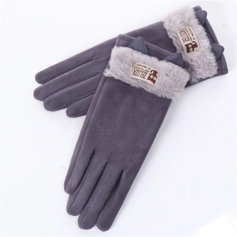 Touch screen gloves ladies winter warm suede leather mittens lovely rabbit cat ears plus velvet thickening driving gloves D33