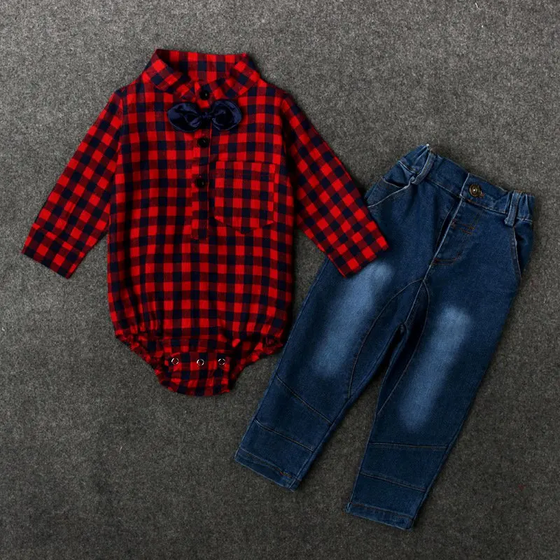 Baby Girls Boys Male Infants Kids Plaided Long Sleeve Shirt Bow Romper Tops Denim Jeans Long Pants 2pcs Clothing Set Suit Mt1055 Clothing Sets Baby Girls Boyskids Plaid Aliexpress