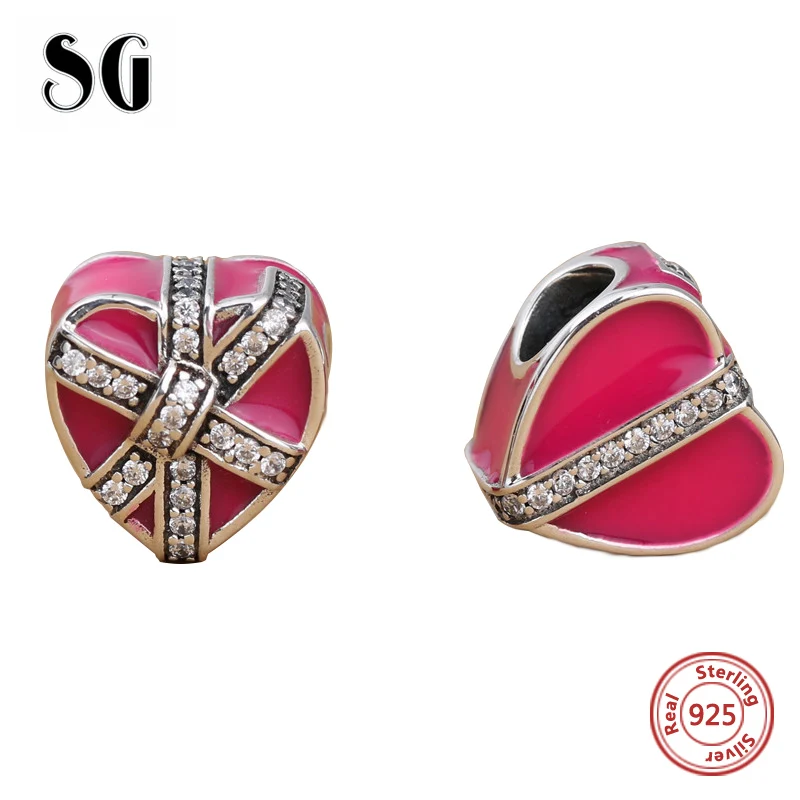 

SG new arrival Silver 925 Original love heart red enamel Charms with CZ stone Beads Fit Authentic European Bracelet Jewelry Gift
