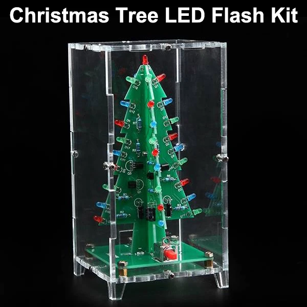 

Free Shipping Factory Price Christmas Tree Colorful LED Flash Kit With Transparent Cover Acrylic case box DIY Electronic Kit