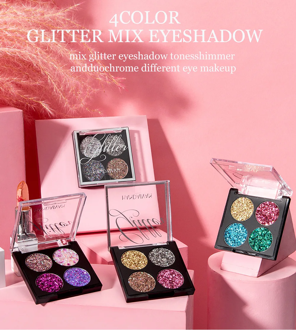 HANDAIYAN Eyeshadow Palette Cosmetic Makeup Diamond Glitter Metallic 4 Colors Pigmented Professional Mini Shade Kit TSLM1