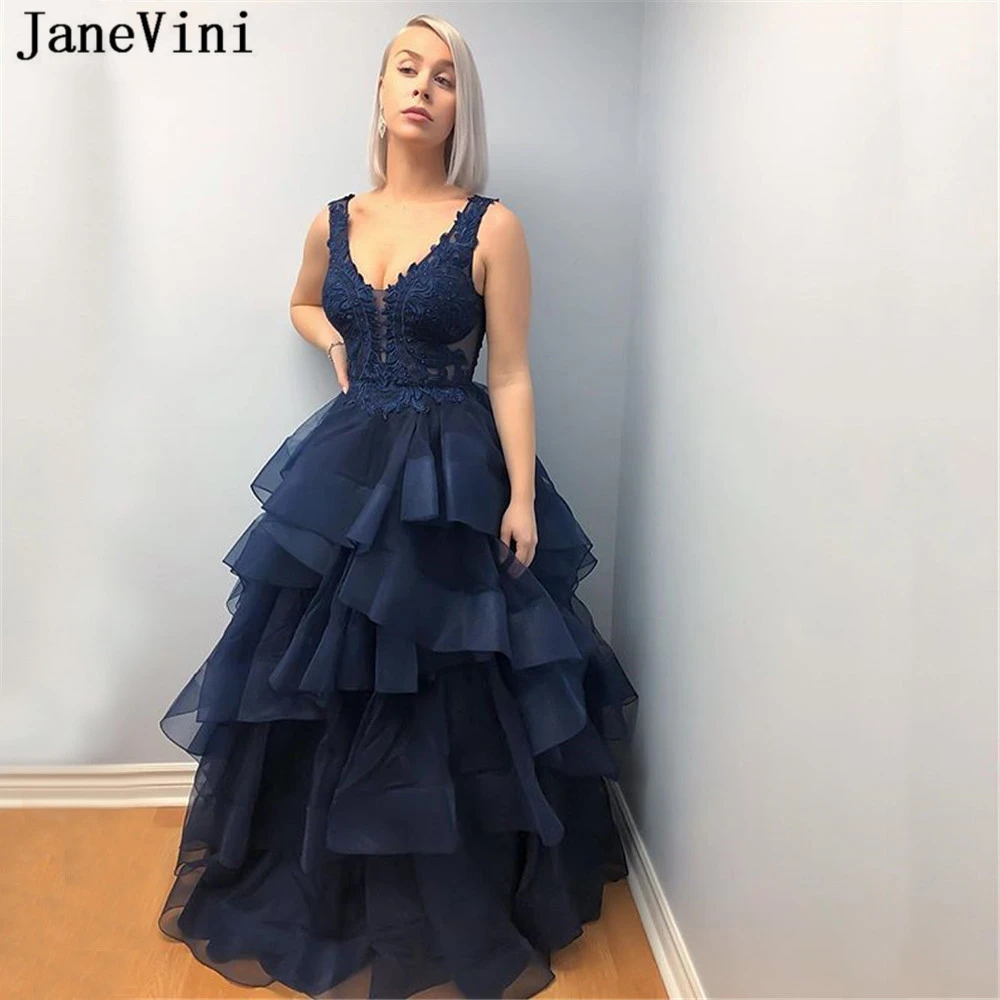 JaneVini Elegante A Line Navy Blue Avondjurken Lange Tiered Ruches V-hals Applicaties Kralen Backless Organza Jurk Robe Longue JaneVini Elegante A Line Navy Blue Avondjurken Lange Tiered Ruches V-hals Applicaties Kralen Backless Organza Jurk Robe Longue
