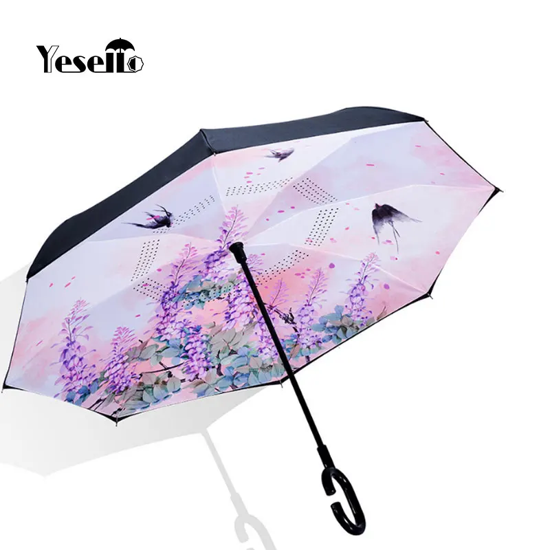 

Yesello Birds Painting Reverse Umbrellas Folding Double Layer Inverted C Hand Holder Sunny And Rainy Umbrella For Women