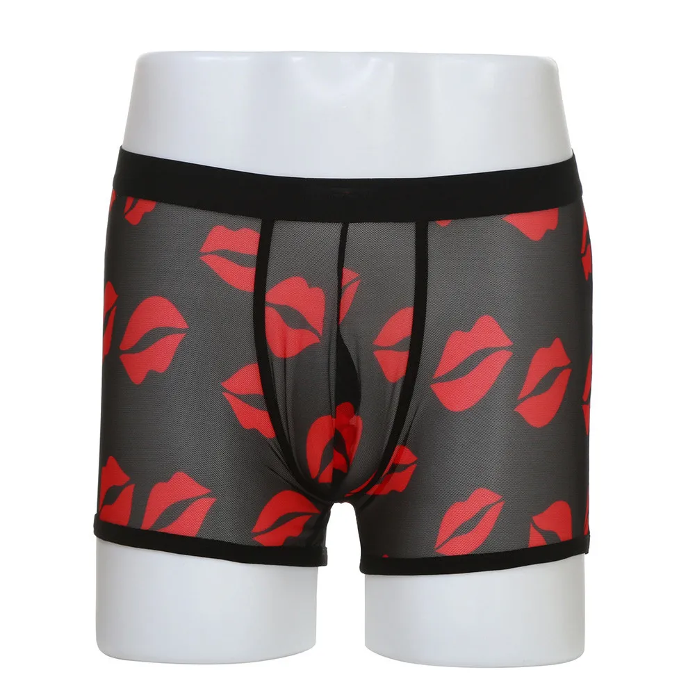 Men's Underwear New Sexy Hot Red Lip Mesh Hip Low Waist Nylon Soft and Comfortable Breathable Fashion Casual Daily Boxer#Z