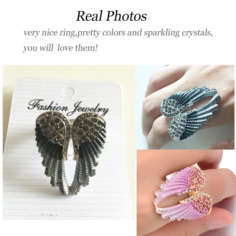 Fashion Angel Wings Ring Punk Biker Jewelry 11 Colors Antique Gold Color Vintage Rhinestone Rings for Men Women
