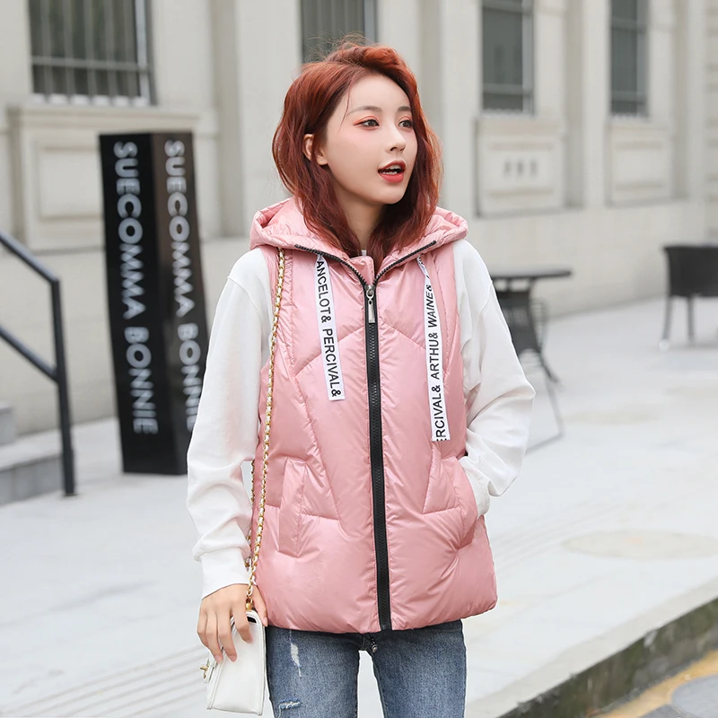 

br Autumn Winter Women down Cotton Vest Coats New Hooded Vests Jackets Lady Midi Hooded silver glossy vest Waistcoat Outwear