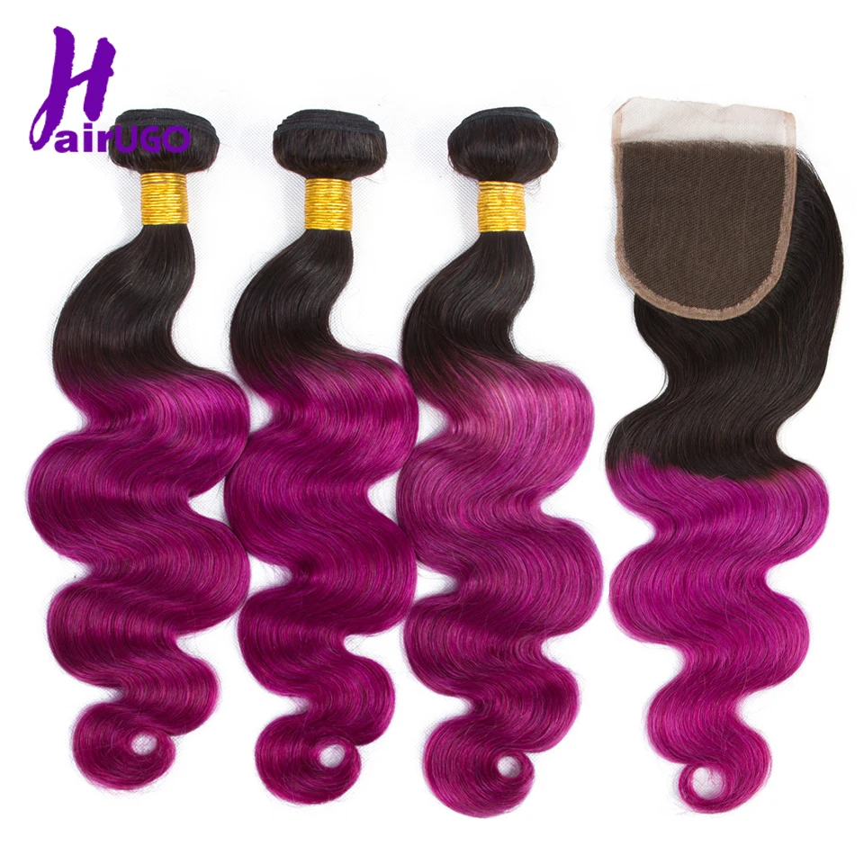 1B/Purple Human Hair Bundles With Closure 4*4 Non Remy Ombre Malaysian Hair Bundles Body Wave
