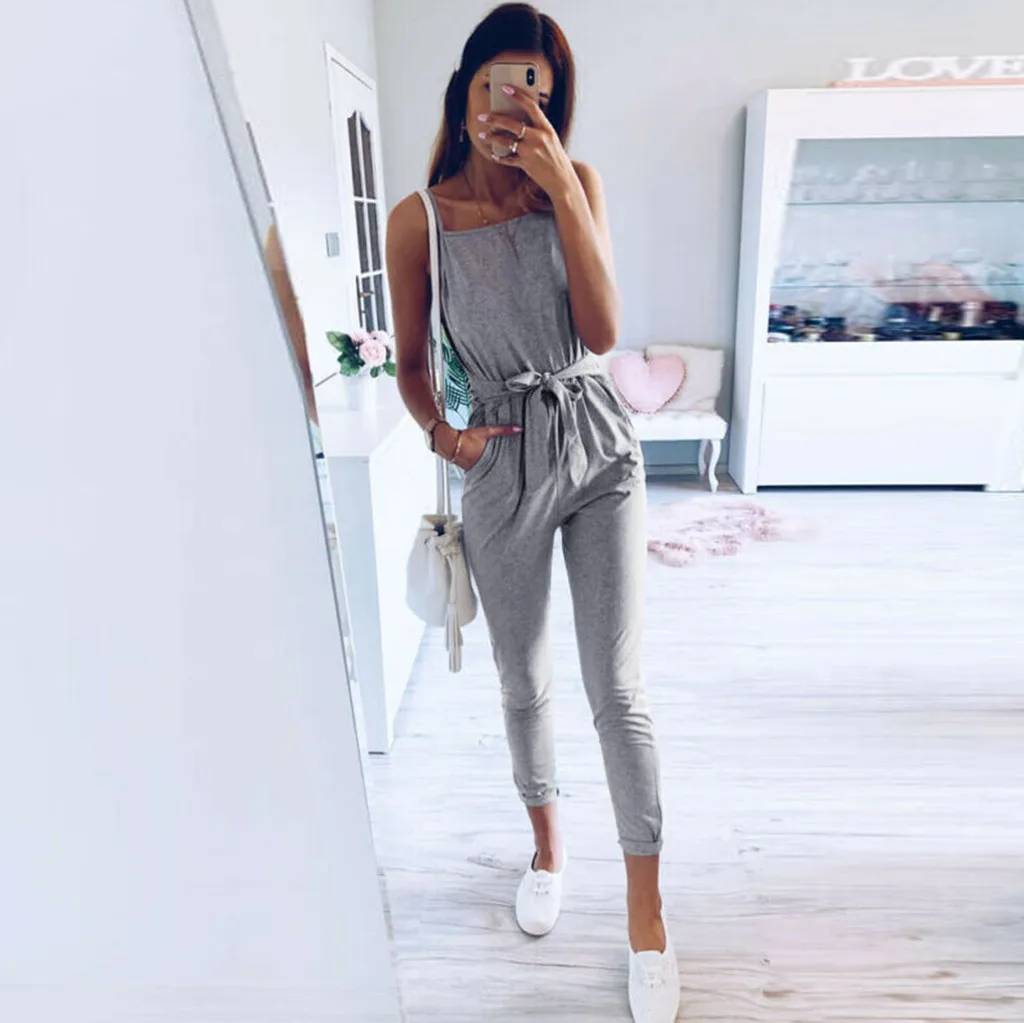 Womens Sleeveless Playsuit Ladies Casual Sashes Loose Wide Leg Long Pants Jumpsuit Monos Largos Mujer Pantalon Largo 50