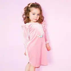 Платье для девочек розовый бархат Принцесса рюшами с длинным рукавом платья для маленьких девочек детская одежда для малышей платье