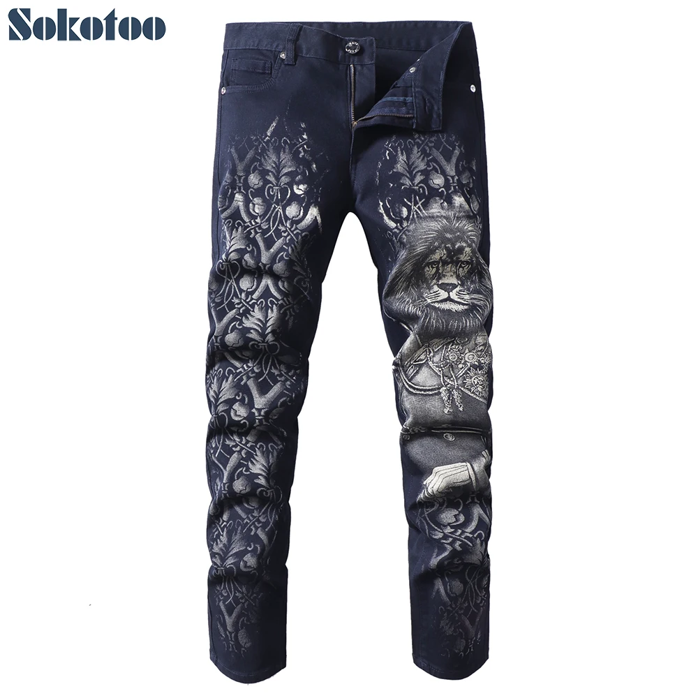 Sokotoo мужские Модные джинсы с принтом льва, узкие черные синие прямые Стрейчевые джинсовые штаны