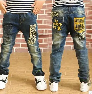Одежда для детей, детские штаны джинсы для мальчиков Весна и осень корейской моды с накладным карманом для девочек, с принтом в виде букв джинсы - Цвет: Синий