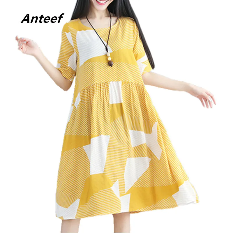 

yellow red cotton linen plus size vintage print women casual loose midi summer dress elegant vestidos clothes 2019 dresses