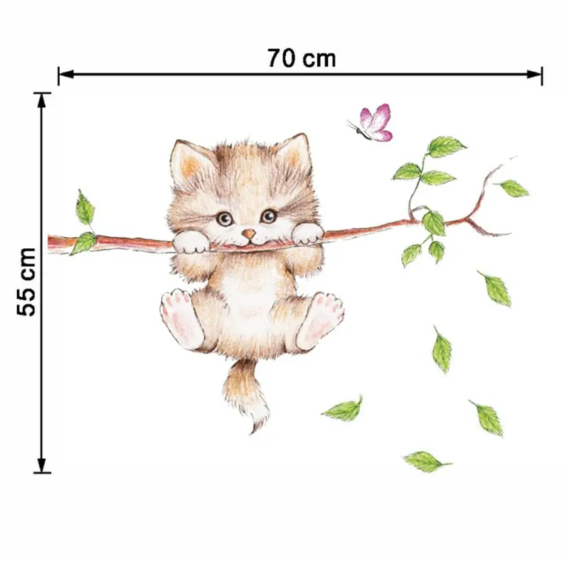 Cute Cat Butterfly Tree Branch Wall Stickers for Kids Rooms Home Decoration Cartoon Animal Wall Decals DIY Posters PVC Mural Art