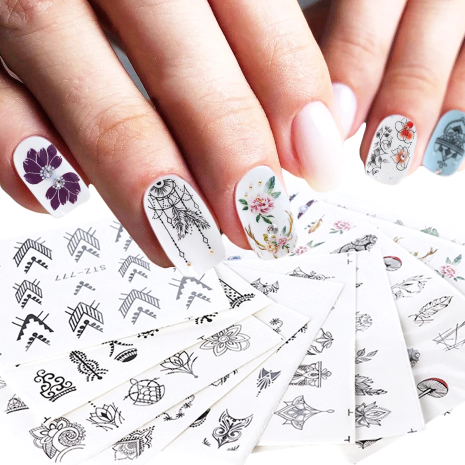 

12pcs Water Transfer Decal Nail Stickers Black Flower Full Wraps Hollow Nail Art Foil Slider Geometry Decor Manicure STZ766-778