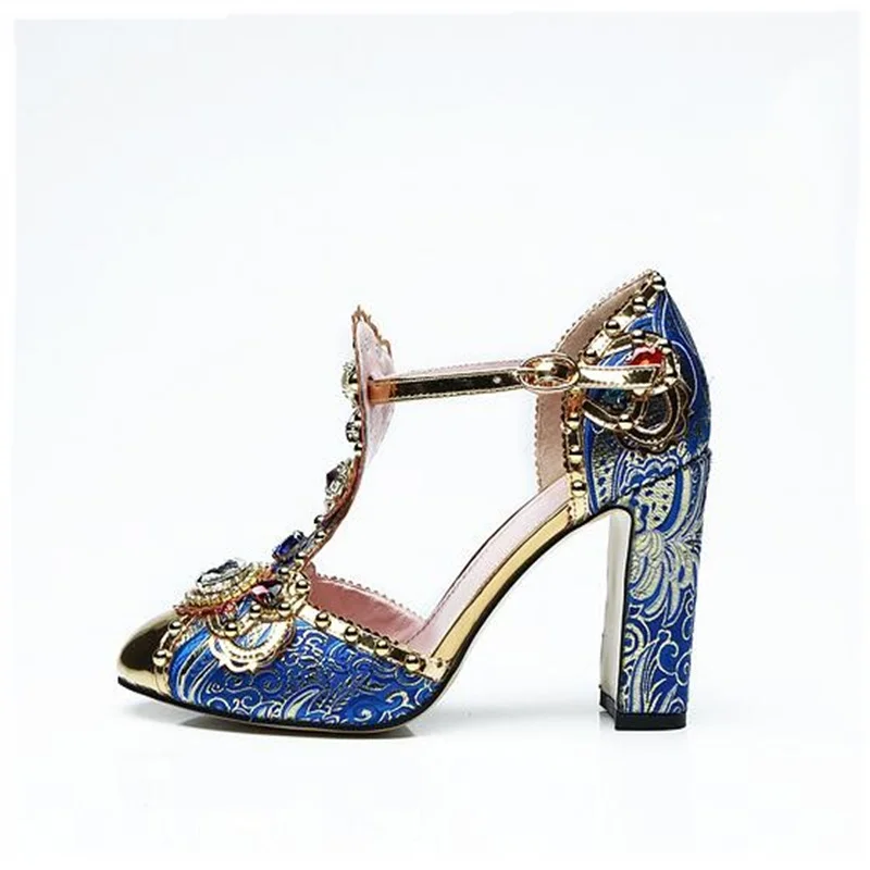 

Jewerly t-strap blue ethnic shoes sexy round toe square heel buckle strap pumps woman rhinestone spring party dress pumps 2018