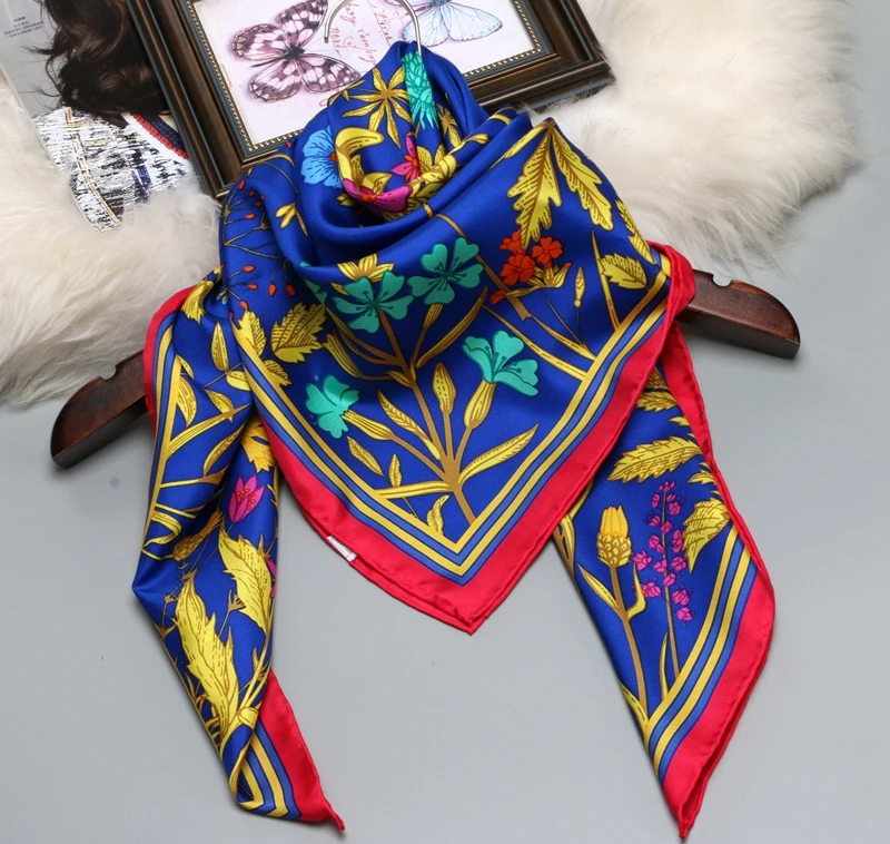 Цветочный принт большой квадратный шелковый шарф шаль хиджаб платок Шелковый саржевый шарф Обертывания женские подарки 88x88 см