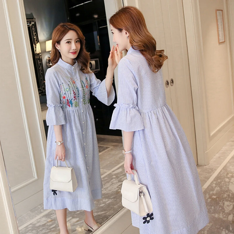 

Women Pregnant Dress Long Sleeve Casual Striped Embroidered Maternity Top Dress Maternity Maternity dresses Pregnancy Clothes