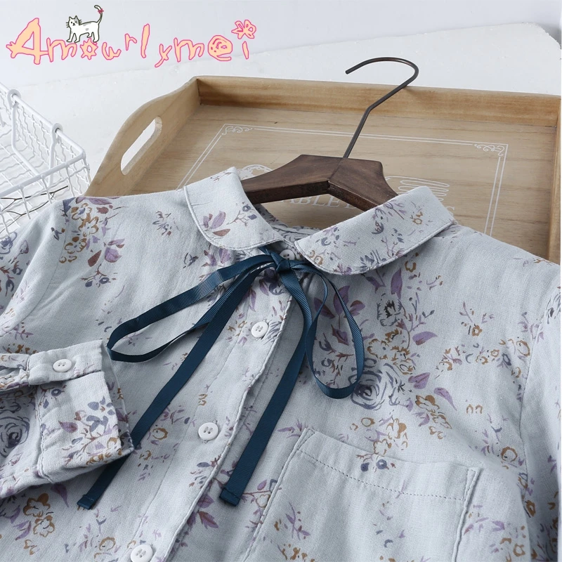 

Sweet Bow Lacing Peter Pan Collar Flower Print Long Sleeve Blouse Mori Girl 2019 Autumn Women Casual Loose Cotton Shirt Tops