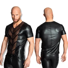 Мужские топы из искусственной кожи, сетчатая открытая сексуальная клубная танцевальная одежда, сценическая Панк футболка с короткими рукавами, пижамы, экзотические танки, одежда для геев