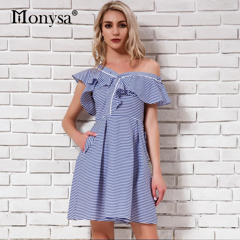 

Off Shoulder Dresses For Women 2018 Summer New Arrival Fashion Striped Ruffle Dress Ladies Elegant Party Short Dresses Vestidos
