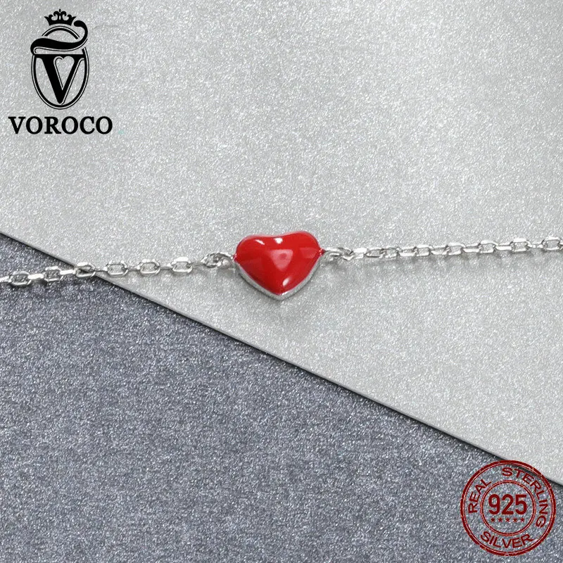 VOROCO, модный серебряный браслет, элегантный, Настоящее серебро 925 пробы, браслеты для женщин, Красная эмаль, сердце, вечерние, хорошее ювелирное изделие VSB016