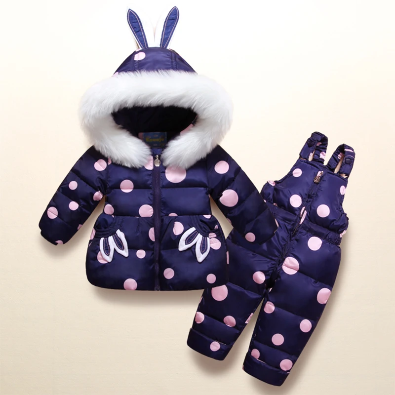 

Cute Rabbit Kids Snowsuit White Duck Down Children Skiing Suits Polka Dot Down Jacket+Jumpsuits Baby Girls Winter Coat Outwear