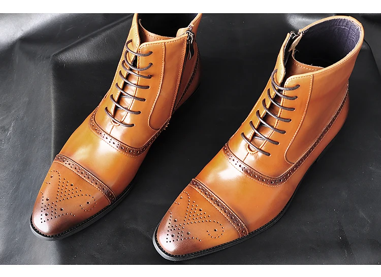 Misalwa/мужские кожаные ботинки с перфорацией типа «броги» ручной работы; большие размеры 39-47; мужские ботильоны с высоким берцем; коричневые ботинки-оксфорды на молнии