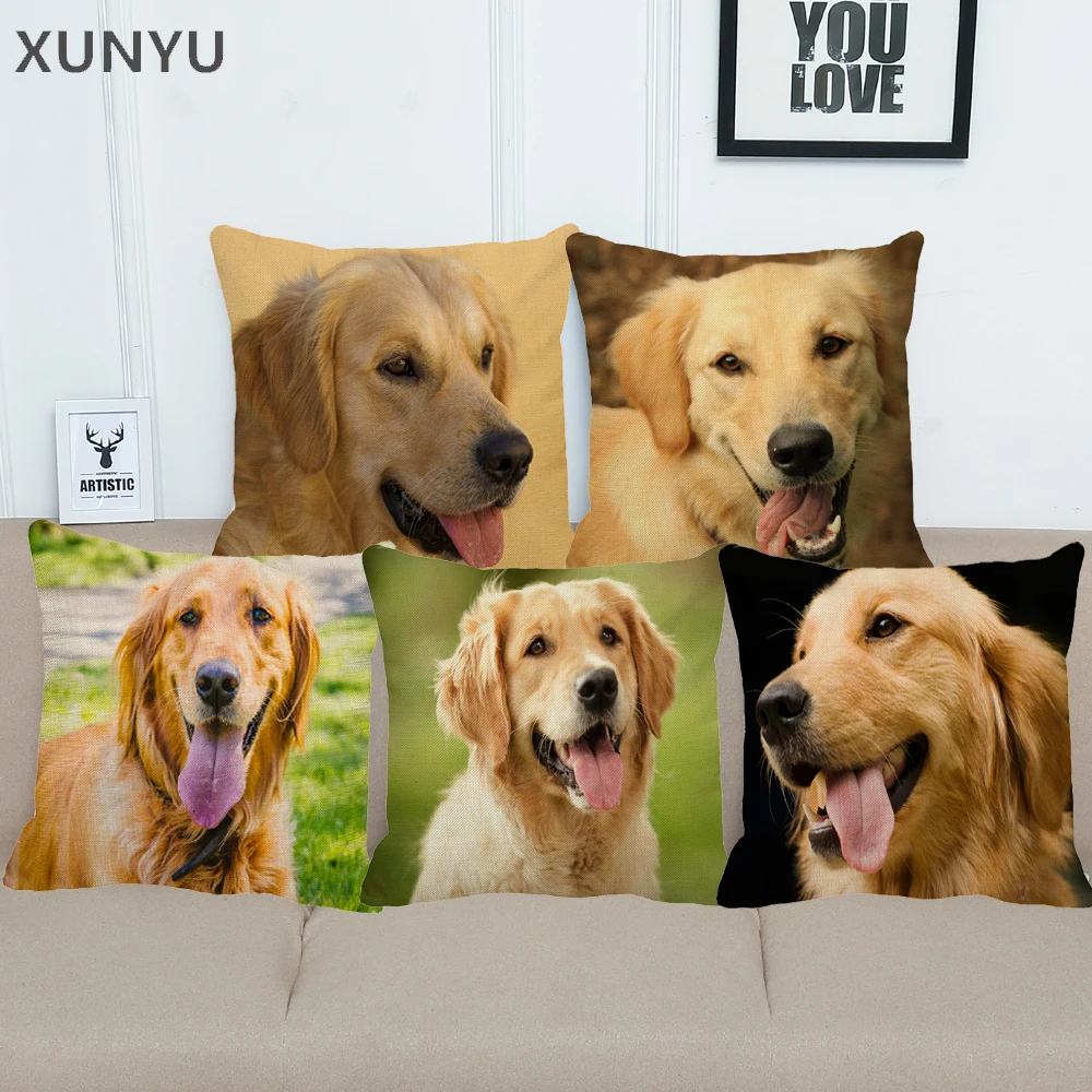 

XUNYU Golden Retriever Linen Pillow Case Sofa Square Decorative Pillow Cover Dog Pattern Cushion Cover 45X45cm AC005
