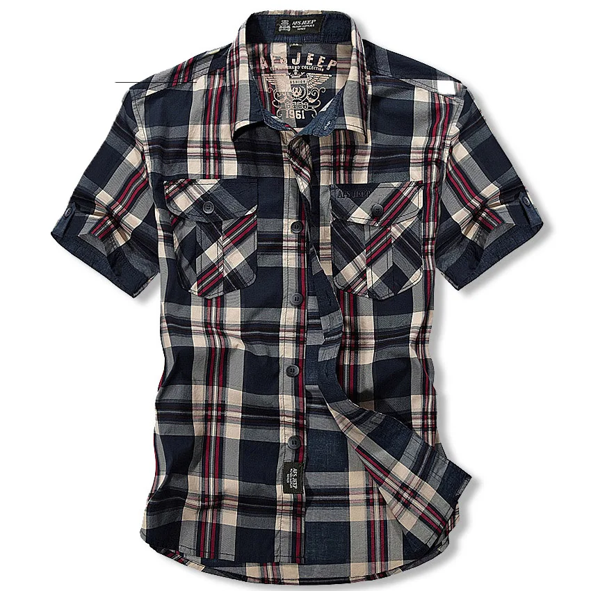 AFS JEEP Plaid Shirts for Men Short Sleeve Casual Cotton Shirt Brand ...