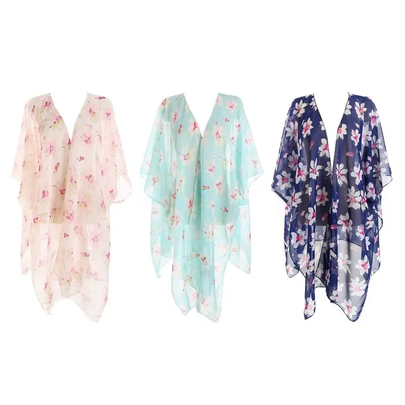 

Womens 3/4 Sleeves Swimsuit Cover Up Bohemian Colored Lily Floral Printed Kimono Cardigan Sweet Candy Color Jacquard Asymmetric