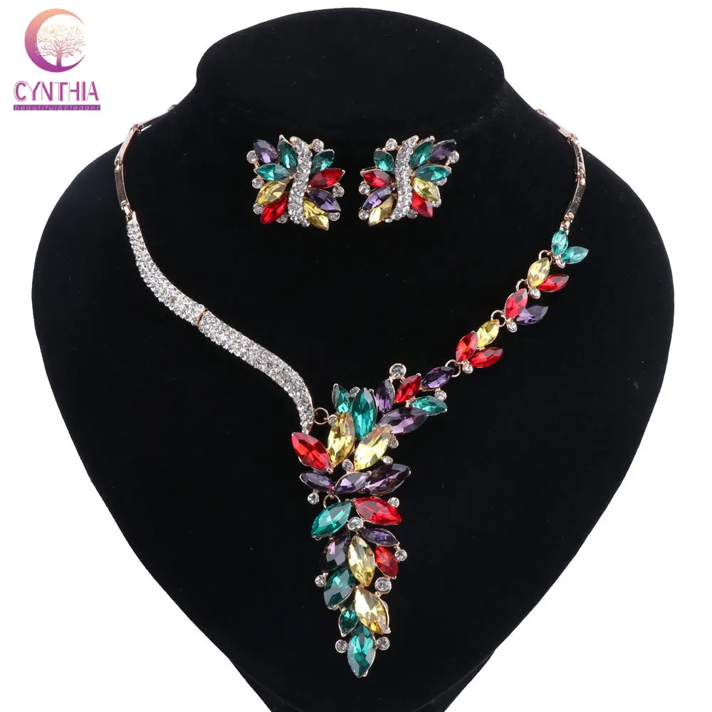 Elegant Gold Color Alloy Jewelry Set/female Colorful Crystal Flower ...