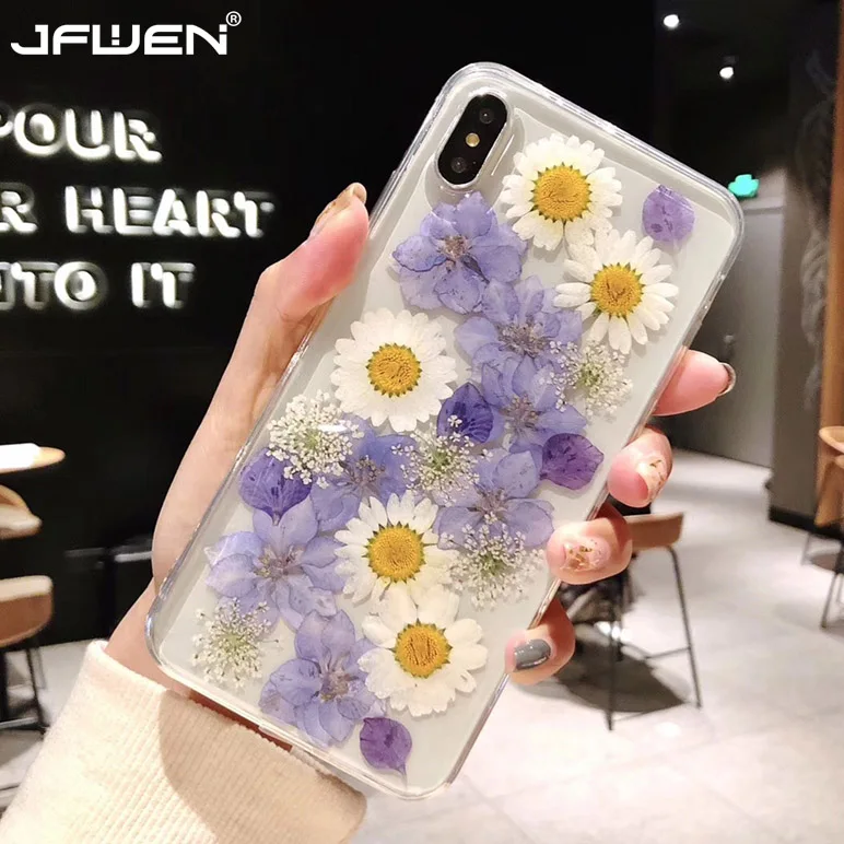 

Real Dried Flower Cases For iPhone XS Max XR X 6 6S 7 8 Plus Phone Case Korean Daisy Dried Flowers Pressed Transparent TPU Cover